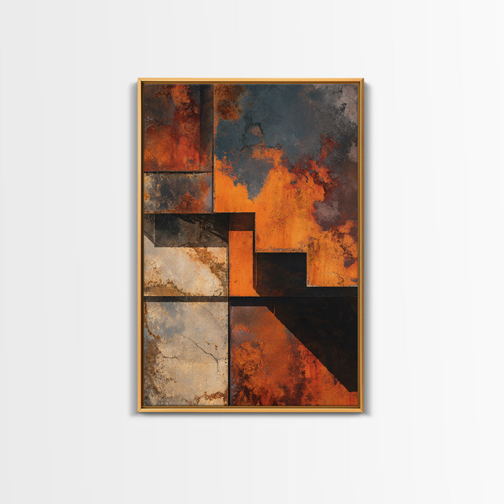 Rust Orange and Charcoal Geometric Abstraction Framed Canvas Print, Industrial Art, Art Print, Living Room Decor, Foundry, IND-2x3-46