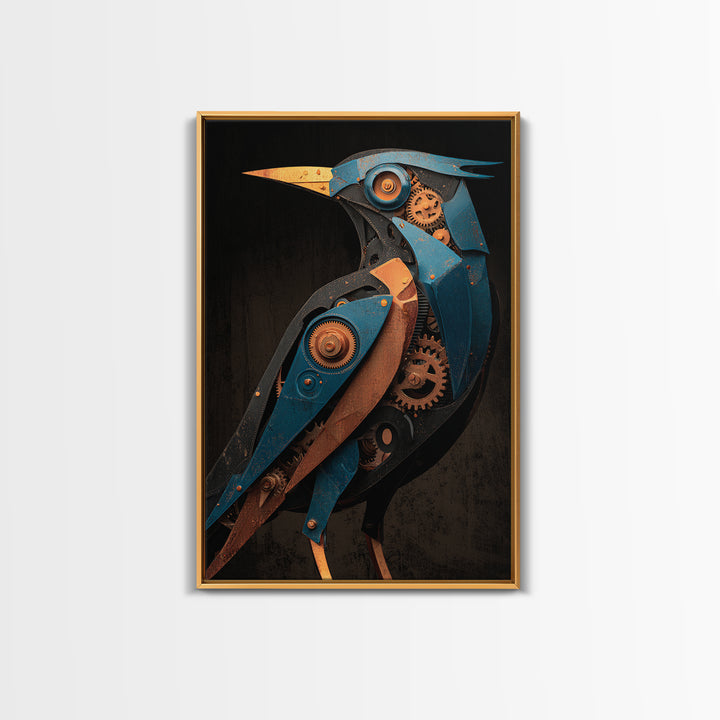 Mechanical Bird Made from Gears Framed Canvas Print, Industrial Art, Metal Art, Living Room Decor, Oil Painting, Foundry, IND-2x3-51