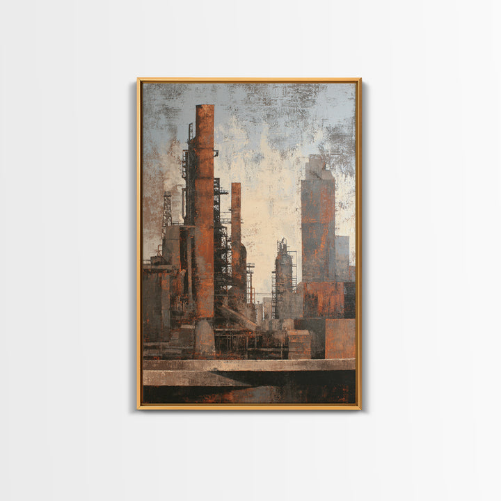 Industrial City Skyline Framed Canvas Print, Industrial Art, Contemporary Art, Living Room Decor, Fine Art, Foundry, IND-2x3-68