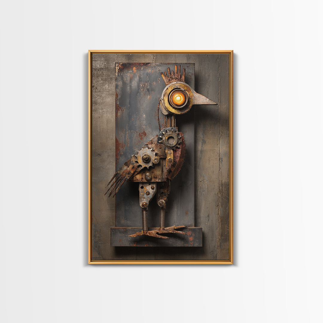 Mechanical Bird Made from Gears Framed Canvas Print, Industrial Art, Texas Art, Living Room Decor, Fine Art, Foundry, IND-2x3-75