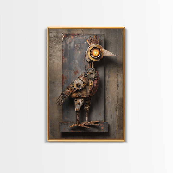 Mechanical Bird Made from Gears Framed Canvas Print, Industrial Art, Texas Art, Living Room Decor, Fine Art, Foundry, IND-2x3-75