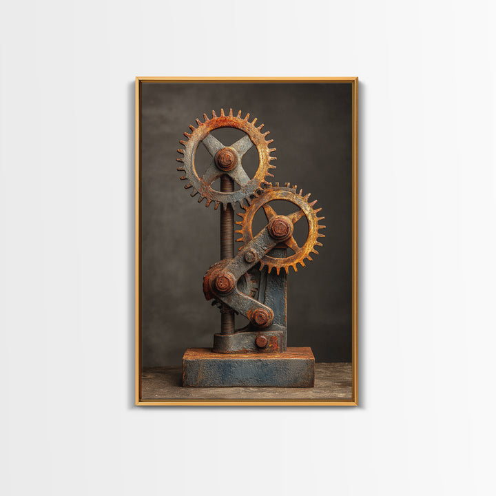 Rusted Gears Arranged as Sculptural Still Life Canvas Print, Industrial Art, Black and White Art, Living Room Decor, Foundry, IND-2x3-81