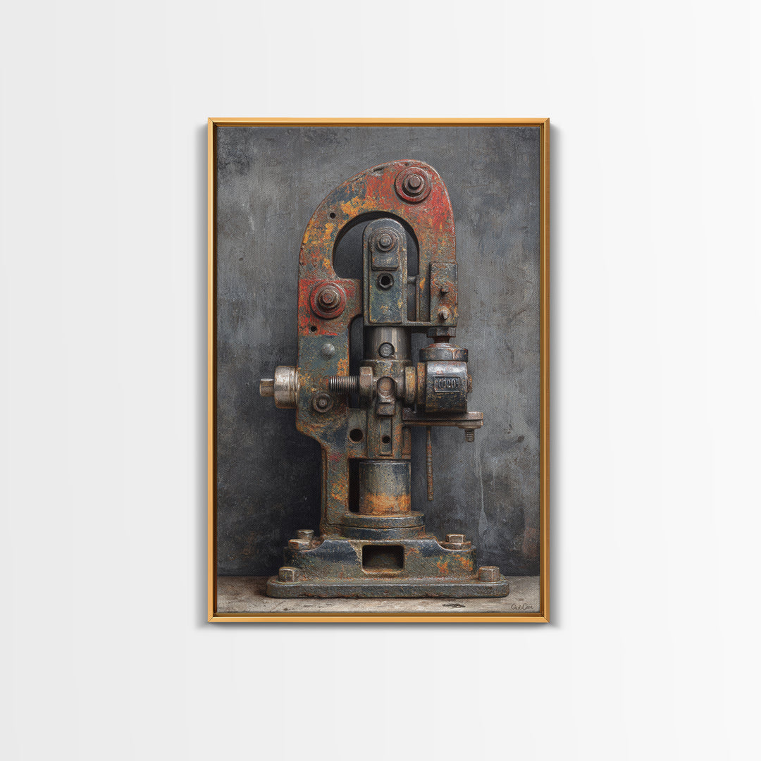 Brass Gauge and Machinery Still Life Framed Canvas Print, Industrial Art, Bauhaus Poster, Living Room Decor, Fine Art, Foundry, IND-2x3-93