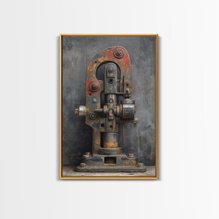 Brass Gauge and Machinery Still Life Framed Canvas Print, Industrial Art, Bauhaus Poster, Living Room Decor, Fine Art, Foundry, IND-2x3-93