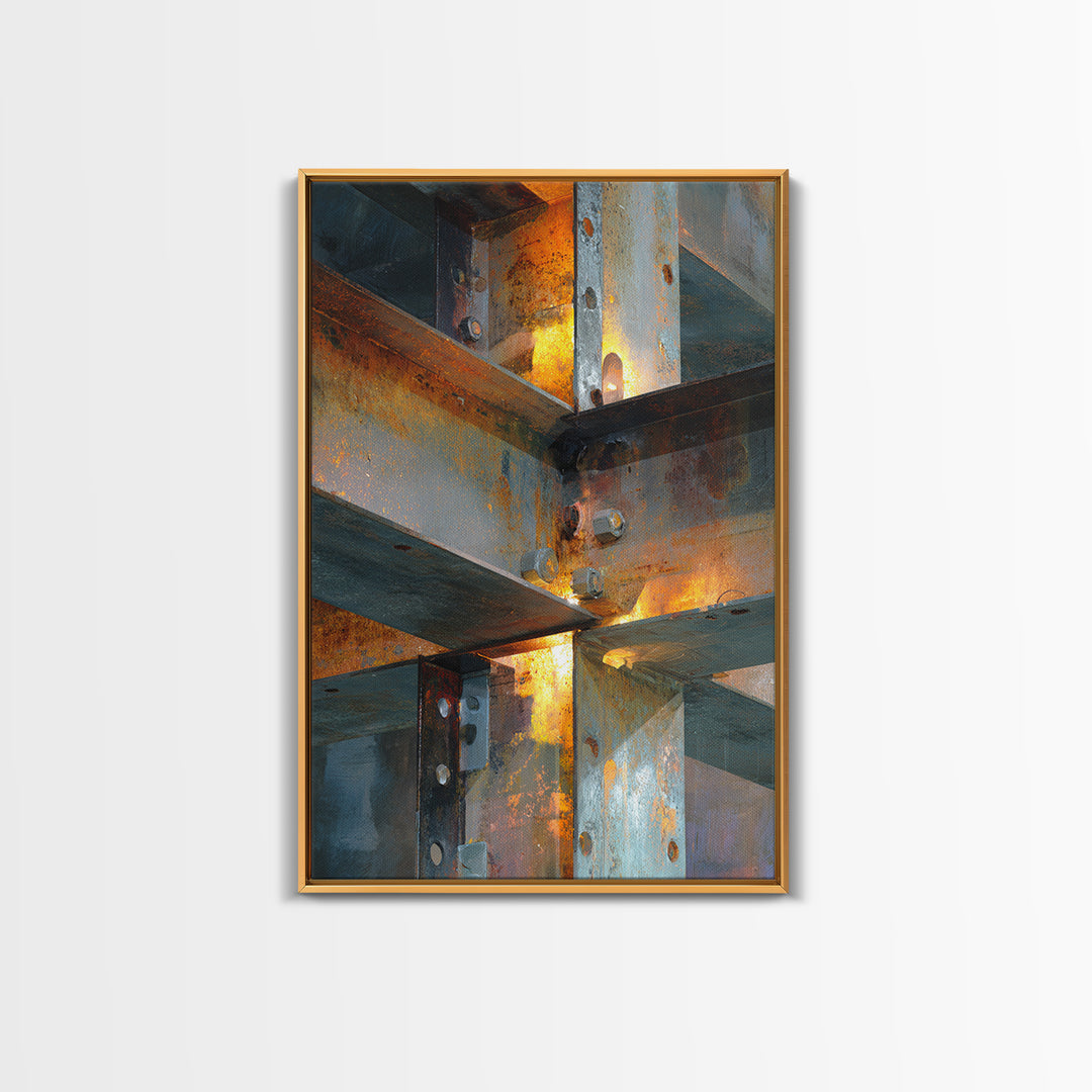 Steel Beams Crossing Like Abstract Lines Framed Canvas Print, Industrial Art, Living Room Decor, Abstract Art, Foundry, IND-2x3-97