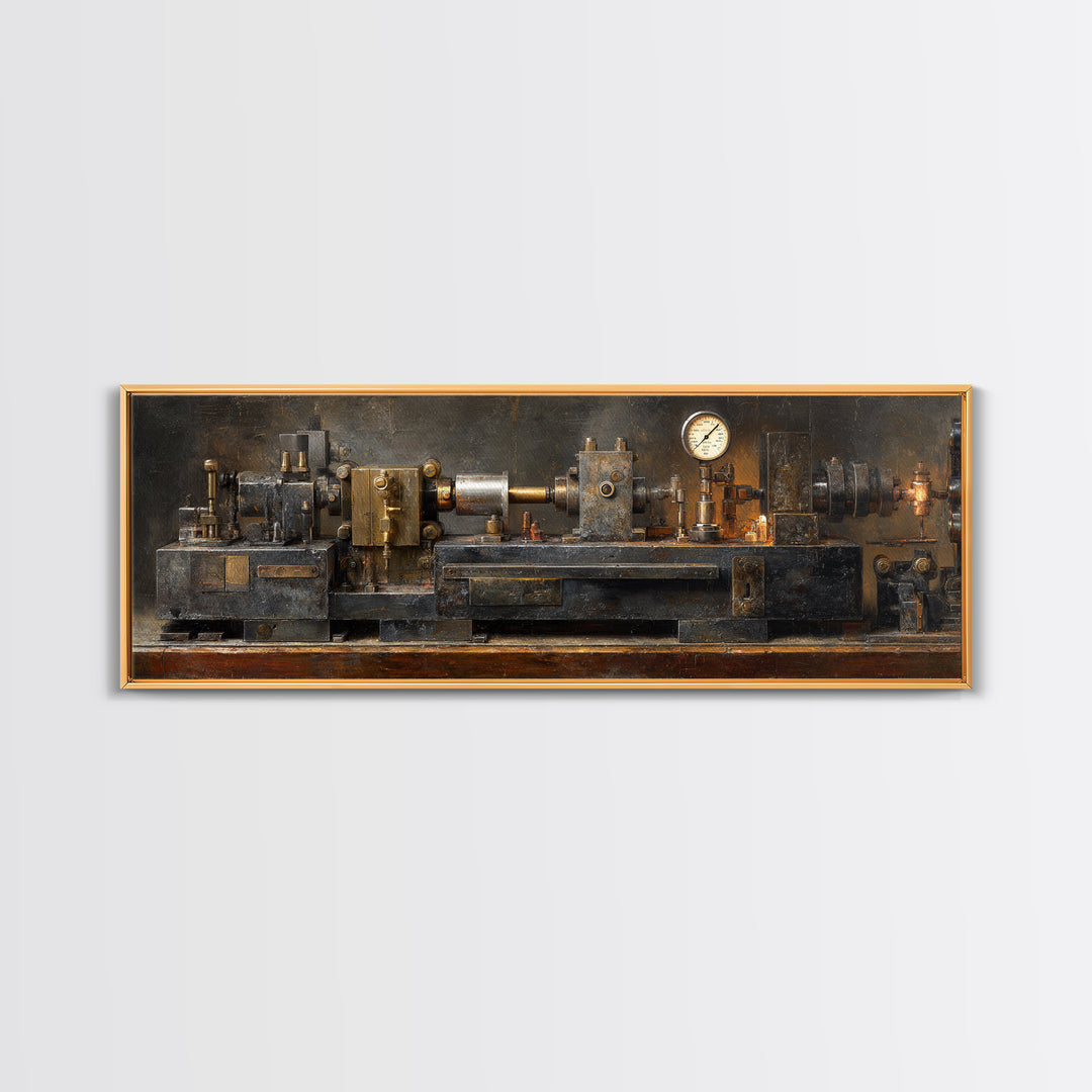 Brass Gauge and Machinery Still Life Framed Canvas Print, Industrial Art, Fine Art Print, Living Room Decor, Fine Art, Foundry, IND-3x1-53