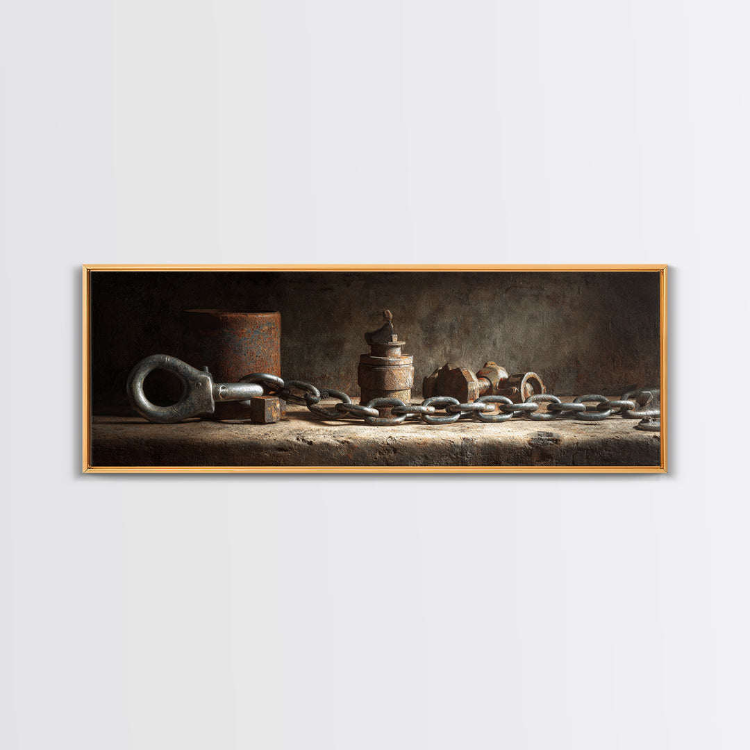 Chain and Hook Still Life Framed Canvas Print, Industrial Art, Wall Art, Living Room Decor, Fine Art, Foundry, Original Art, IND-3x1-56