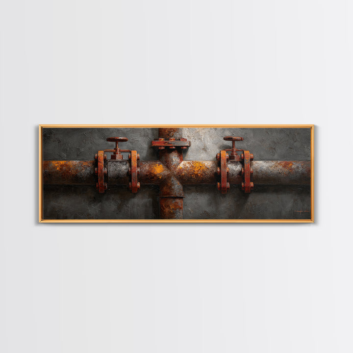 Metal Pipes and Valves as Graphic Composition Framed Canvas Print, Industrial Art, Wall Decor, Living Room Decor, Foundry, IND-3x1-72
