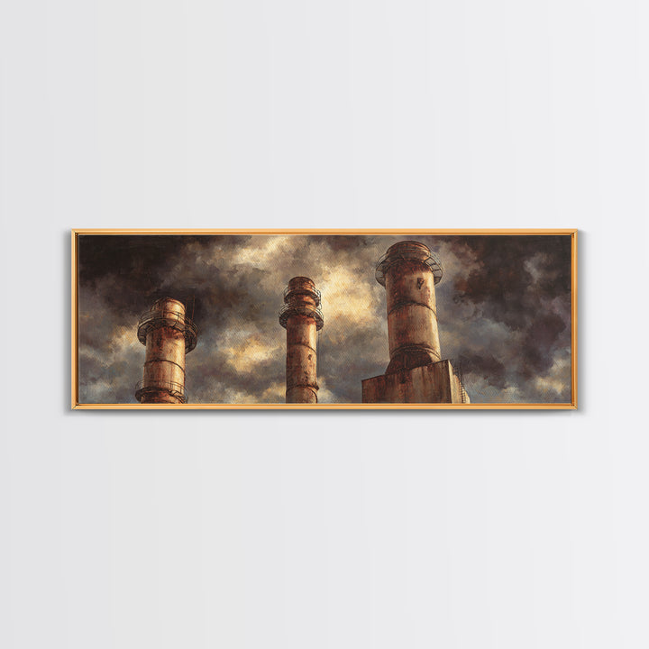 Factory Smokestacks with Moody Sky Canvas Print, Industrial Art, Black and White Wall Art, Living Room Decor, Fine Art, Foundry, IND-3x1-75