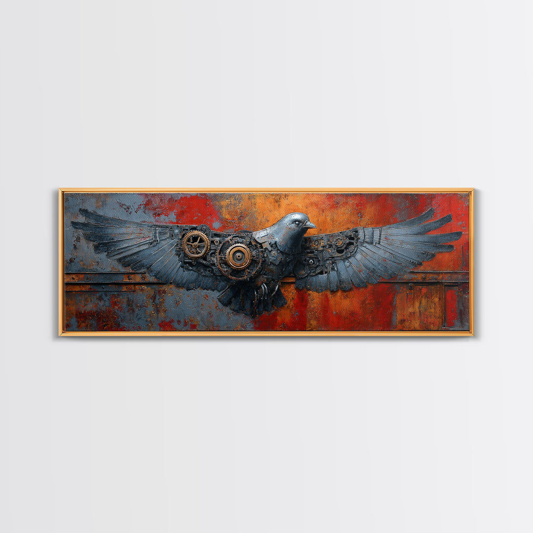 Mechanical Bird Made from Gears Canvas Print, Industrial Art, Abstract Art, Living Room Decor, Foundry, Bauhaus Poster, IND-3x1-83