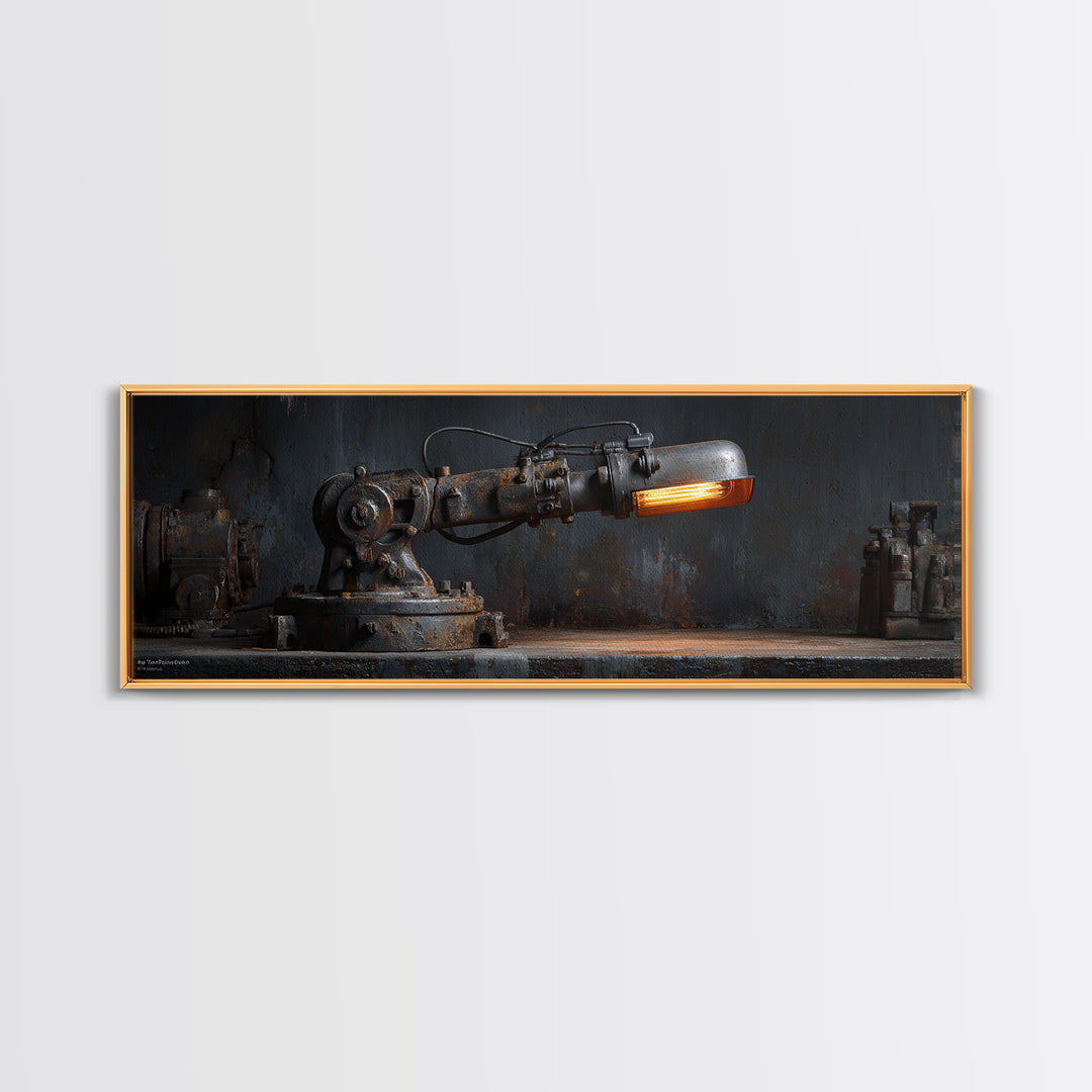 Industrial Lamp with Warm Glow Framed Canvas Print, Industrial Art, Textured Wall Art, Living Room Decor, Fine Art, Foundry, IND-3x1-87