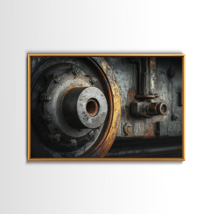 Steam Locomotive Wheel Closeup Framed Canvas Print, Industrial Art, Living Room Art, Living Room Decor, Fine Art, Foundry, IND-3x2-10