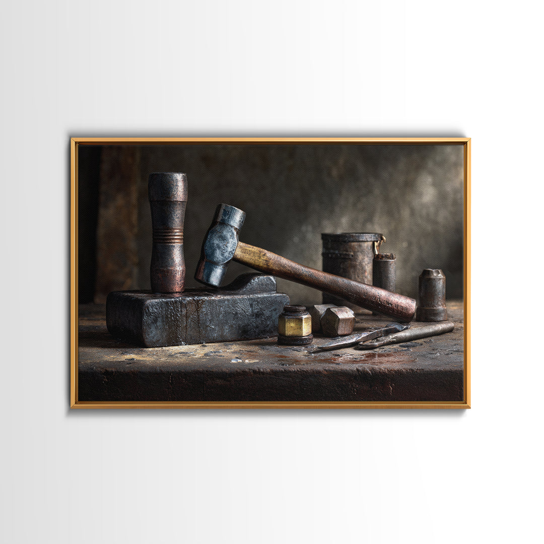 Blacksmith Tools on Dark Workbench Framed Canvas Print, Industrial Art, Metal Art, Living Room Decor, Fine Art, Foundry, IND-3x2-14
