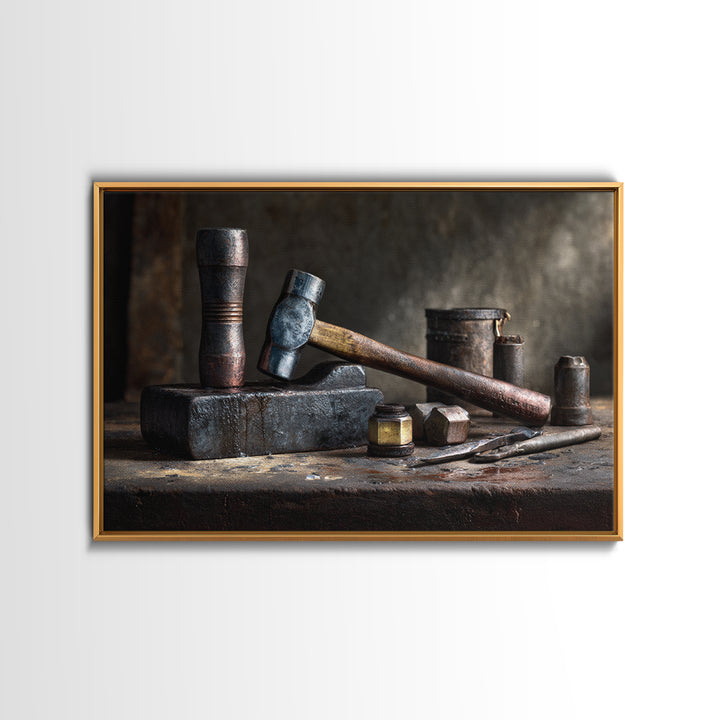Blacksmith Tools on Dark Workbench Framed Canvas Print, Industrial Art, Metal Art, Living Room Decor, Fine Art, Foundry, IND-3x2-14