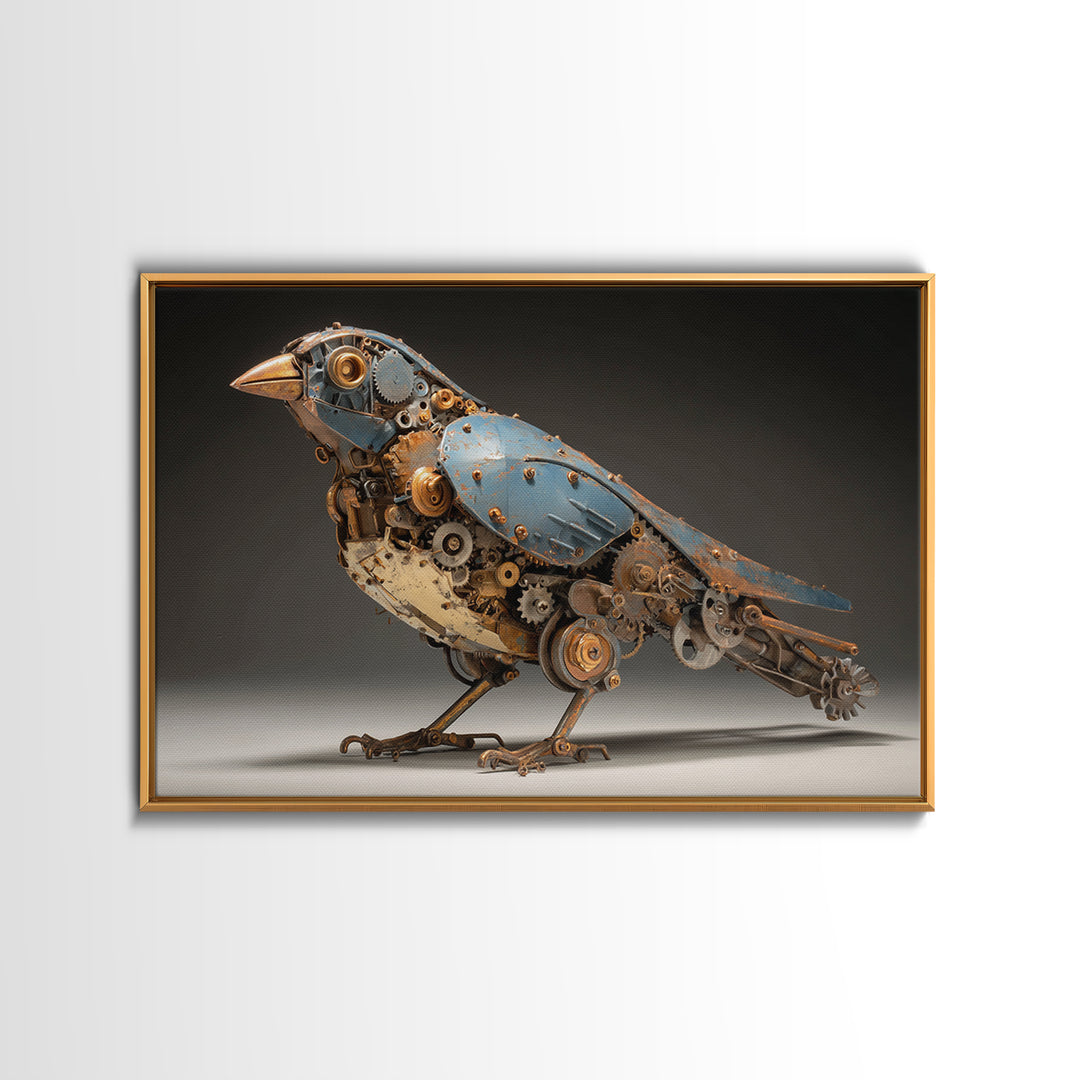 Mechanical Bird Made from Gears Framed Canvas Print, Industrial Art, Luxury Decor, Living Room Decor, Fine Art, Foundry, IND-3x2-23
