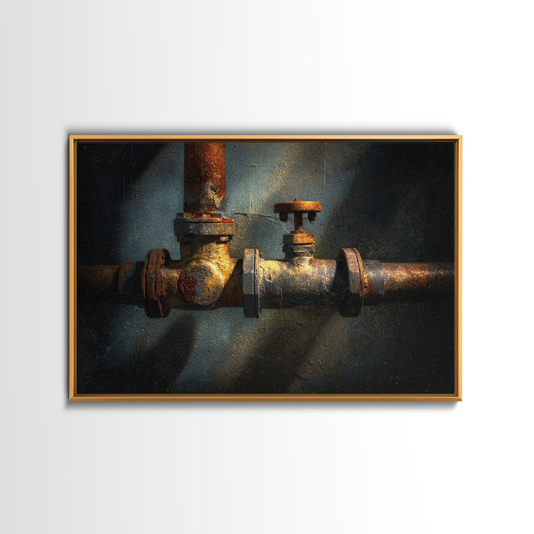 Metal Pipes and Valves as Graphic Composition Framed Canvas Print, Industrial Art, Luxury Decor, Living Room Decor, Foundry, IND-3x2-36