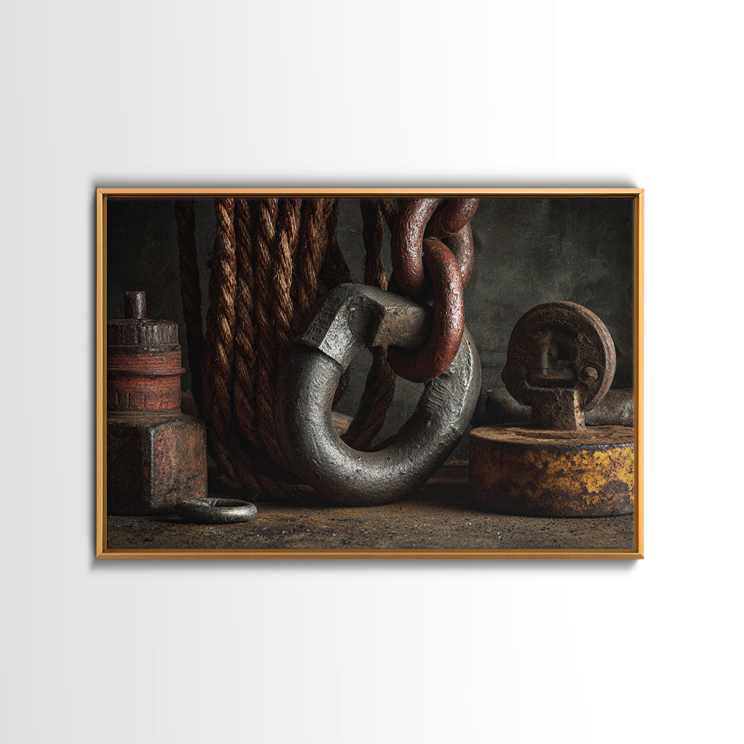 Chain and Hook Still Life Canvas Print, Industrial Art, Textured Painting, Living Room Decor, Watercolor Art, Foundry, IND-3x2-44