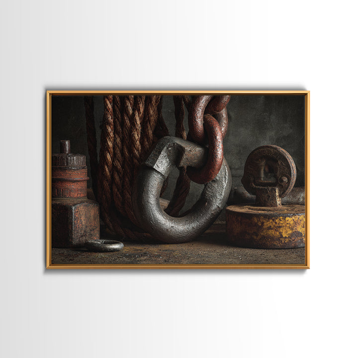 Chain and Hook Still Life Canvas Print, Industrial Art, Textured Painting, Living Room Decor, Watercolor Art, Foundry, IND-3x2-44