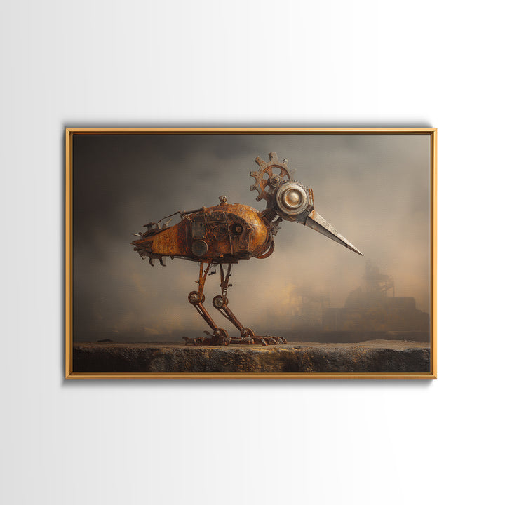 Mechanical Bird Made from Gears Framed Canvas Print, Industrial Art, Metal Art, Living Room Decor, Oil Painting, Foundry, IND-3x2-47