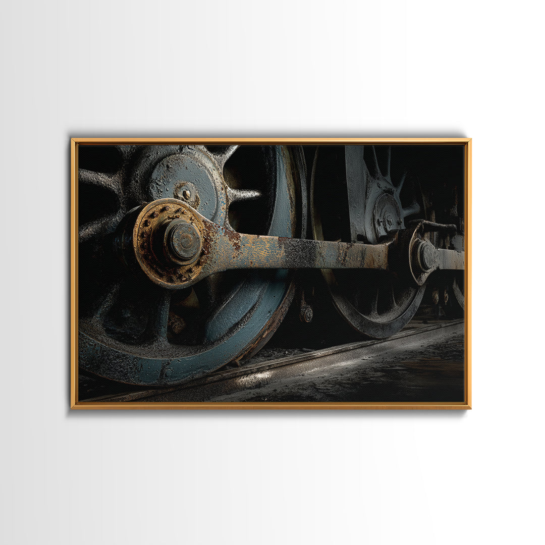 Steam Locomotive Wheel Closeup Canvas Print, Industrial Art, Black and White Art, Living Room Decor, Watercolor Art, Foundry, IND-3x2-58