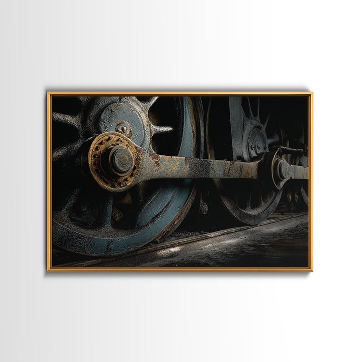 Steam Locomotive Wheel Closeup Canvas Print, Industrial Art, Black and White Art, Living Room Decor, Watercolor Art, Foundry, IND-3x2-58