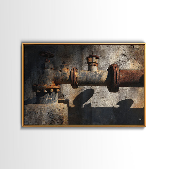 Metal Pipes and Valves as Graphic Composition Framed Canvas Print, Industrial Art, Art Prints, Living Room Decor, Foundry, IND-3x2-60