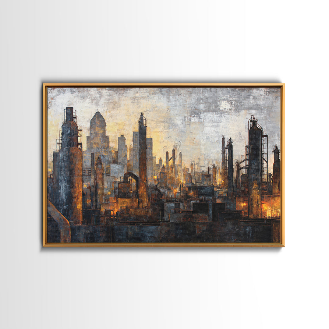 Industrial City Skyline Framed Canvas Print, Industrial Art, Art Print, Living Room Decor, Fine Art, Foundry, Modern Art, IND-3x2-64