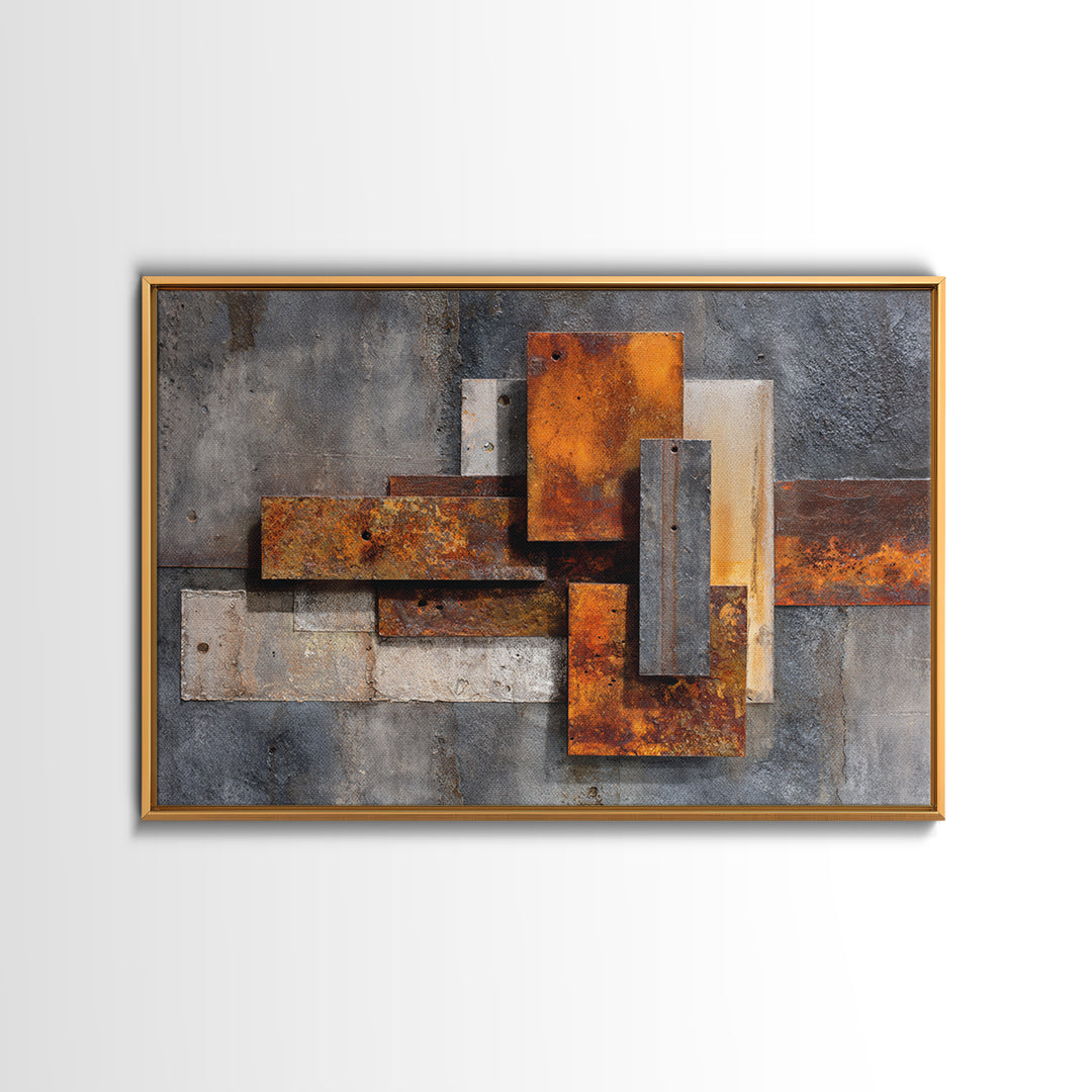 Rust Orange and Charcoal Geometric Abstraction Canvas Print, Industrial Art, Steampunk Decor, Living Room Decor, Abstract Art, IND-3x2-66