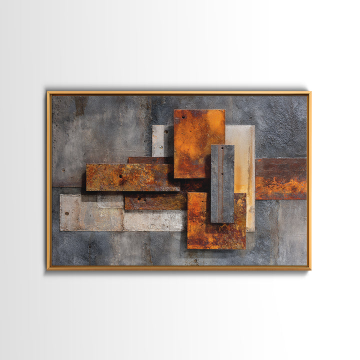 Rust Orange and Charcoal Geometric Abstraction Canvas Print, Industrial Art, Steampunk Decor, Living Room Decor, Abstract Art, IND-3x2-66