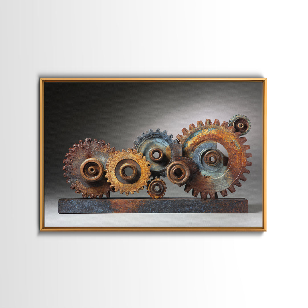 Rusted Gears Arranged as Sculptural Still Life Framed Canvas Print, Industrial Art, Wall Decor, Living Room Decor, Foundry, IND-3x2-77