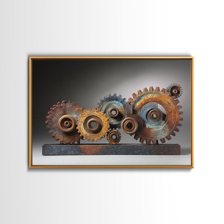 Rusted Gears Arranged as Sculptural Still Life Framed Canvas Print, Industrial Art, Wall Decor, Living Room Decor, Foundry, IND-3x2-77