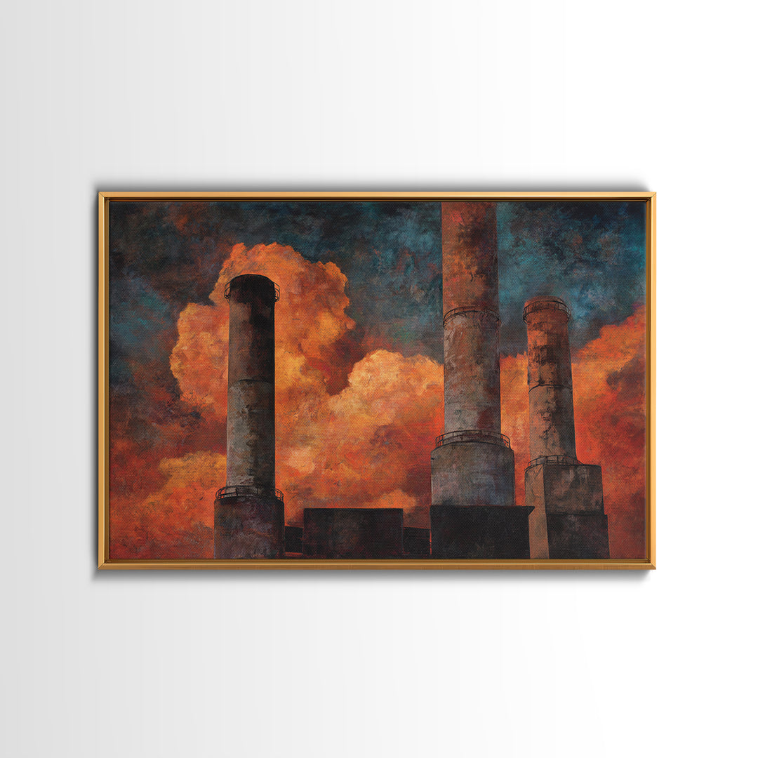 Factory Smokestacks with Moody Sky Framed Canvas Print, Industrial Art, Textured Wall Art, Living Room Decor, Fine Art, Foundry, IND-3x2-87