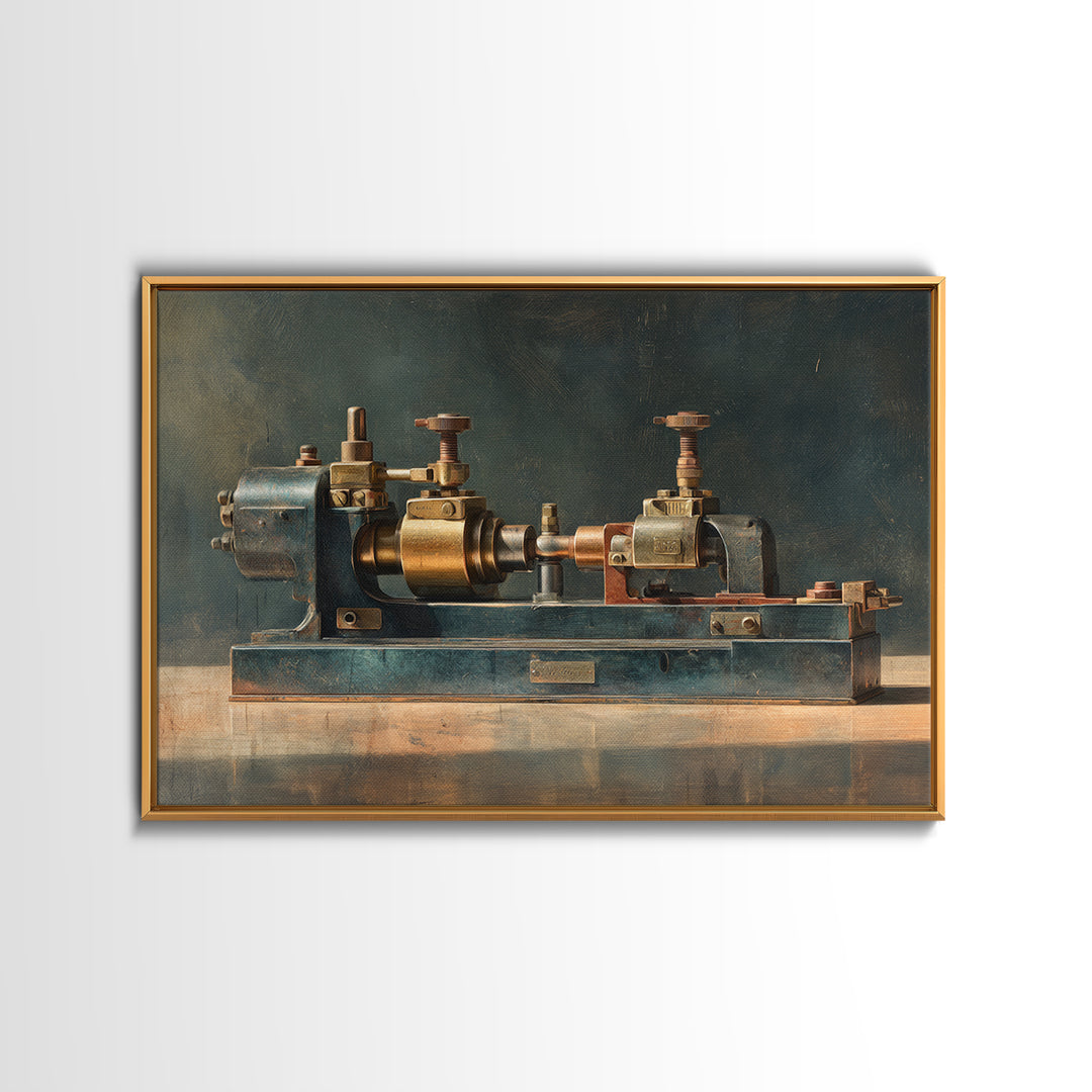 Brass Gauge and Machinery Still Life Canvas Print, Industrial Art, Home Decor, Living Room Decor, Oil Painting, Foundry, IND-3x2-89