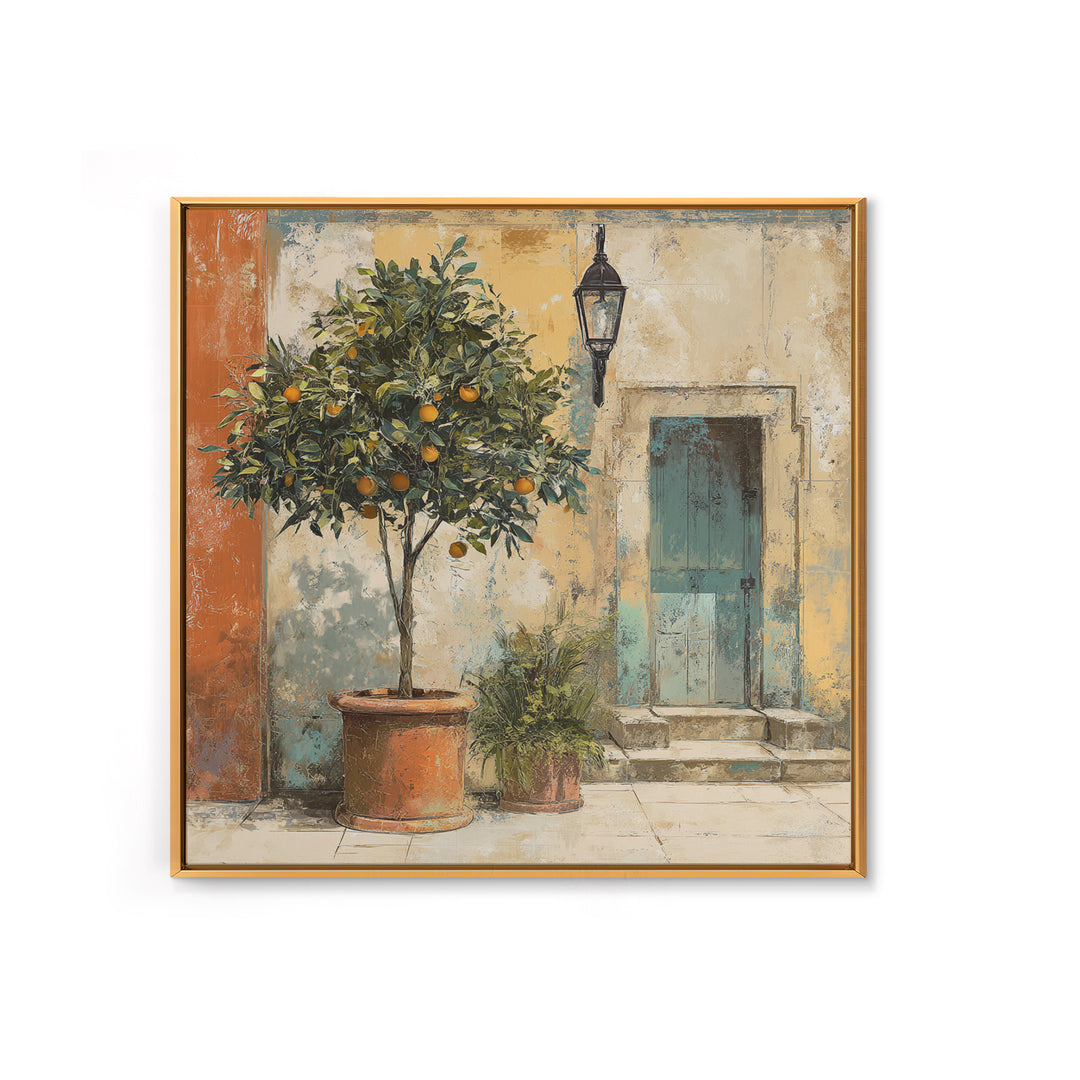 Orange Tree in a Courtyard Planter Canvas Print, Italian Villa Art, Coastal Decor, Living Room Decor, Fine Art, Villa, IVA-1x1-14