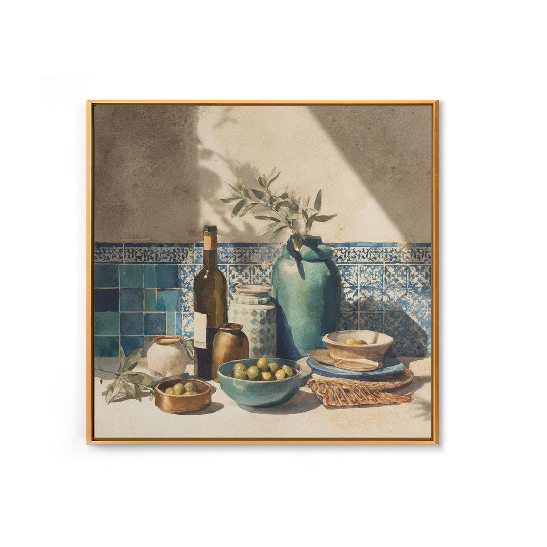 White Wine and Olives Still Life Framed Canvas Print, Italian Villa Art, Farmhouse Wall Art, Living Room Decor, Watercolor Art, IVA-1x1-16