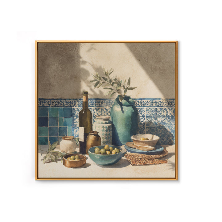 White Wine and Olives Still Life Framed Canvas Print, Italian Villa Art, Farmhouse Wall Art, Living Room Decor, Watercolor Art, IVA-1x1-16