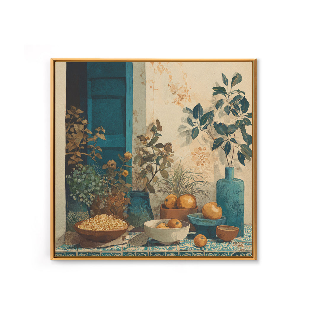 Pasta Herbs and Tomatoes Still Life Canvas Print, Italian Villa Art, Living Room Wall Art, Living Room Decor, Watercolor Art, IVA-1x1-19