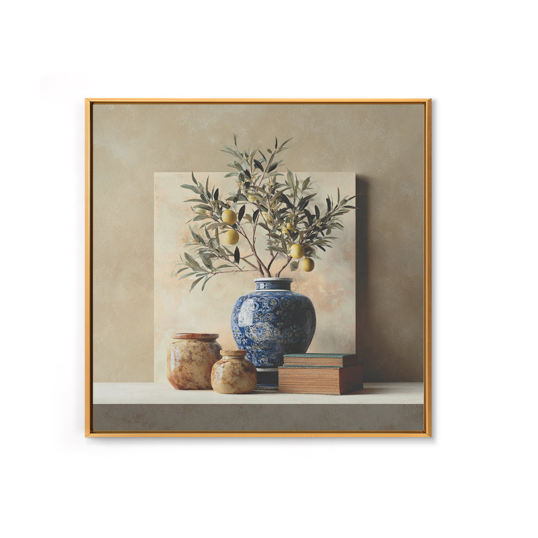 Lemon Branch in Blue Ceramic Vase Framed Canvas Print, Italian Villa Art, Bedroom Wall Art, Living Room Decor, Oil Painting, IVA-1x1-2