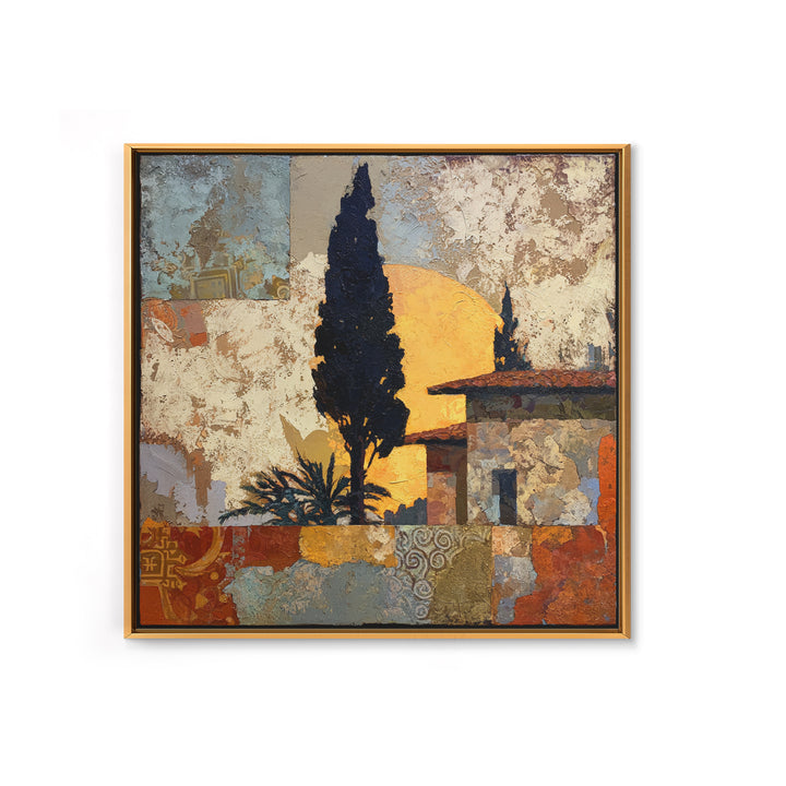 Cypress Silhouette at Sunset Framed Canvas Print, Italian Villa Art, Landscape Painting, Living Room Decor, Fine Art, Villa, IVA-1x1-21
