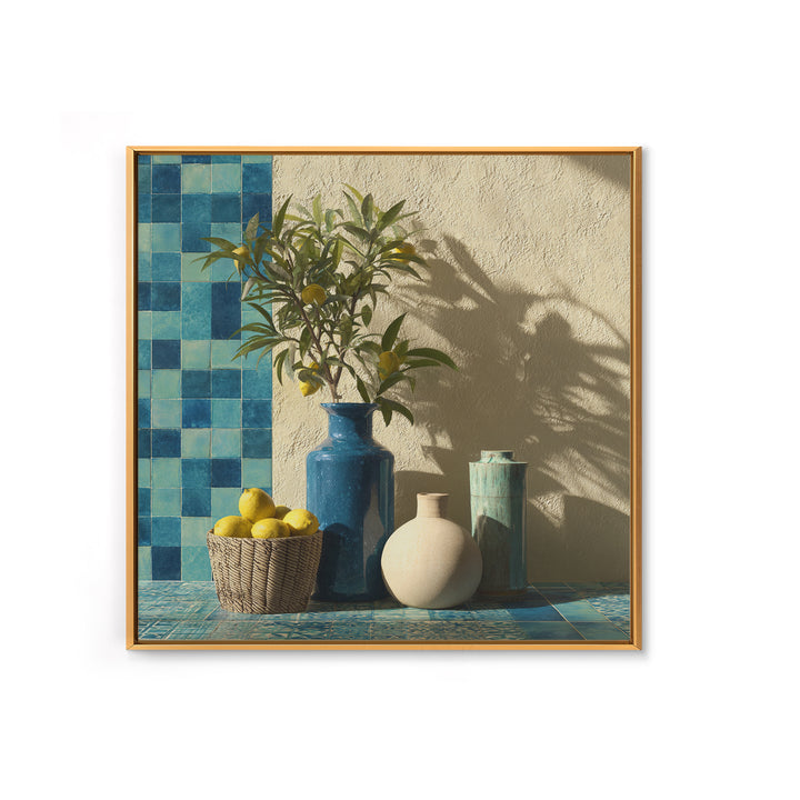 Lemon Branch in Blue Ceramic Vase Canvas Print, Italian Villa Art, Gallery Wall, Living Room Decor, Watercolor Art, Villa, IVA-1x1-26