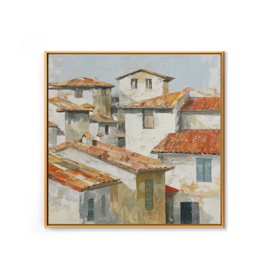 Terracotta Rooftops Against Pale Sky Framed Canvas Print, Italian Villa Art, Printable Art, Living Room Decor, Oil Painting, IVA-1x1-28