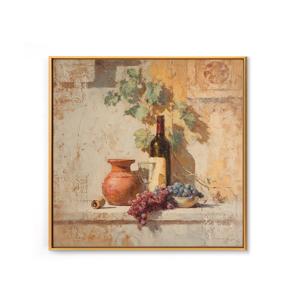 Grapevine and Wine Still Life on Linen Canvas Print, Italian Villa Art, Coastal Wall Art, Living Room Decor, Abstract Art, IVA-1x1-31