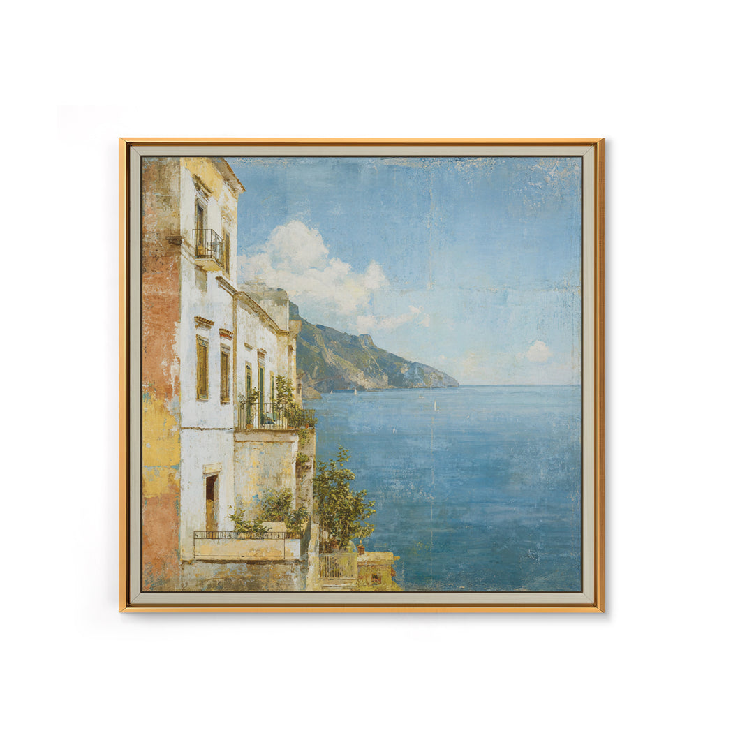 Amalfi Coast Cliffs Framed Canvas Print, Italian Villa Art, Colorful Wall Art, Living Room Decor, Oil Painting, Villa, IVA-1x1-37