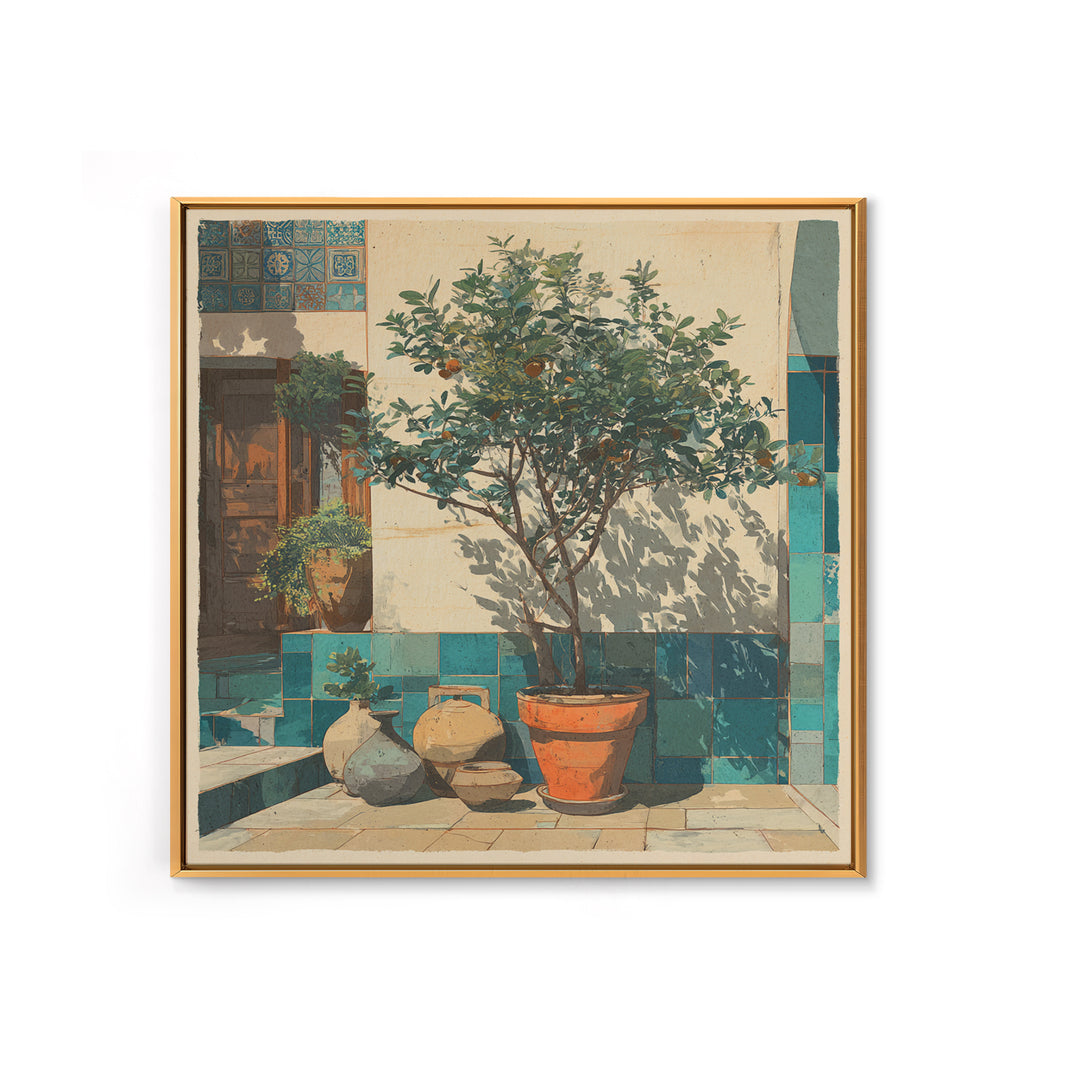 Orange Tree in a Courtyard Planter Framed Canvas Print, Italian Villa Art, Digital Download Art, Living Room Decor, Villa, IVA-1x1-38