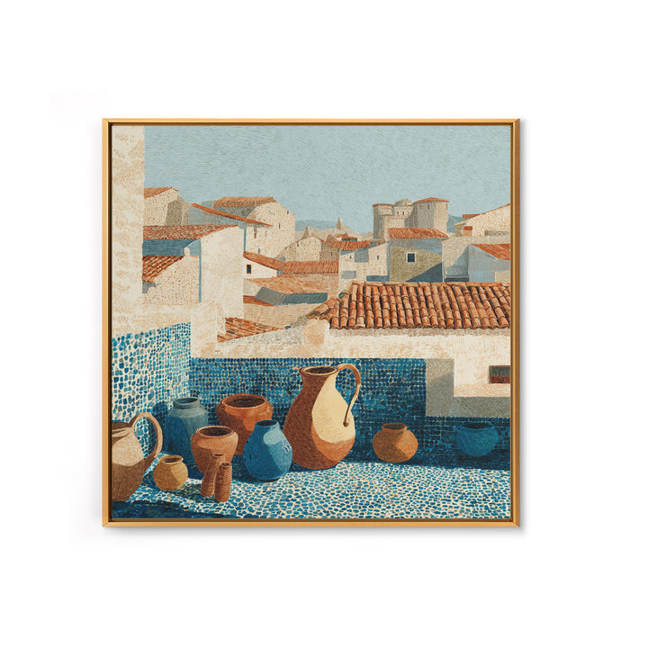 Terracotta Rooftops Against Pale Sky Canvas Print, Italian Villa Art, Wall Art Prints, Living Room Decor, Watercolor Art, Villa, IVA-1x1-4