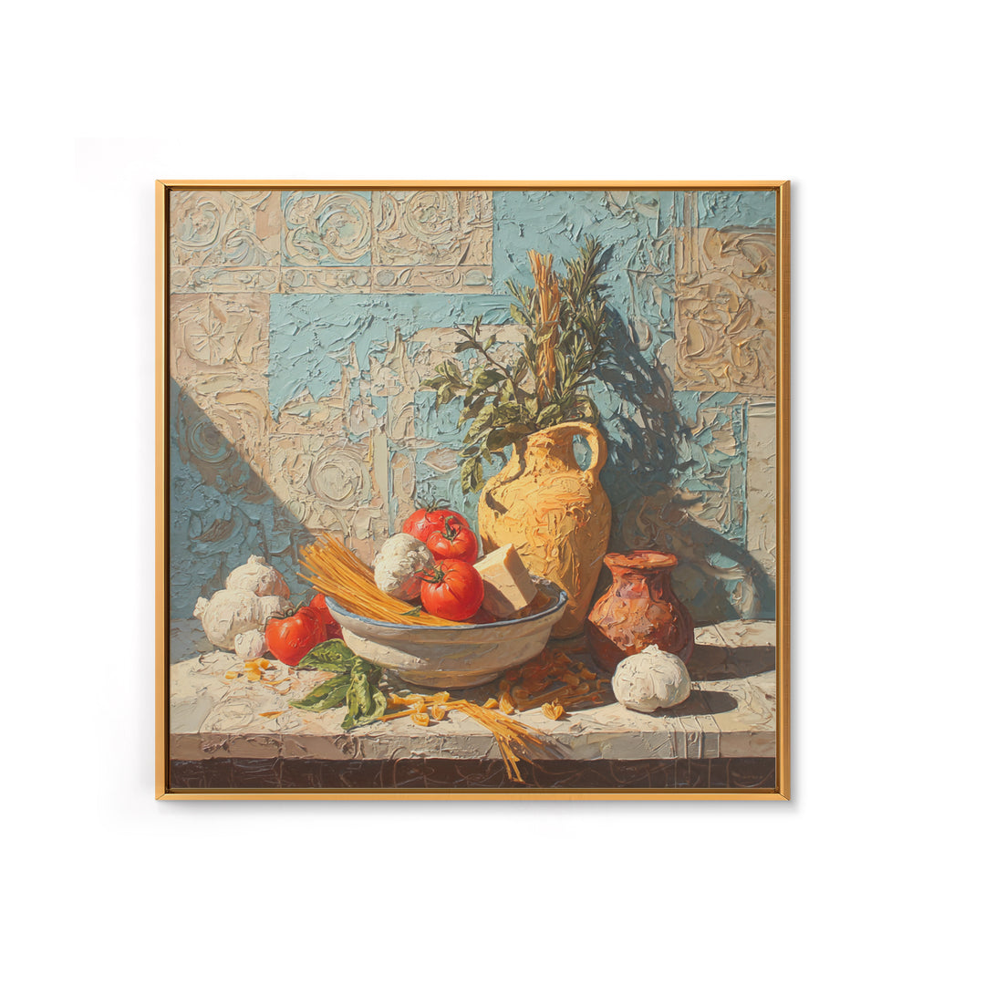 Pasta Herbs and Tomatoes Still Life Framed Canvas Print, Italian Villa Art, Farmhouse Wall Art, Living Room Decor, Oil Painting, IVA-1x1-43
