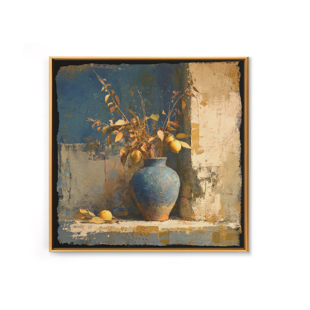 Lemon Branch in Blue Ceramic Vase Canvas Print, Italian Villa Art, Gallery Wall, Living Room Decor, Watercolor Art, Villa, IVA-1x1-50