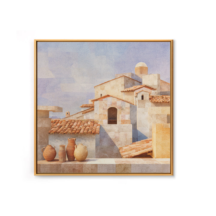 Terracotta Rooftops Against Pale Sky Framed Canvas Print, Italian Villa Art, Colorful Wall Art, Living Room Decor, Villa, IVA-1x1-52