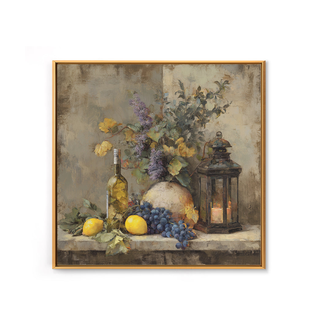 Grapevine and Wine Still Life on Linen Canvas Print, Italian Villa Art, Neutral Wall Art, Living Room Decor, Abstract Art, IVA-1x1-55