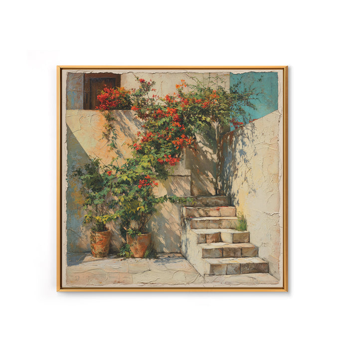 Sunlit Stone Stairway Canvas Print, Italian Villa Art, Rustic Home Decor, Living Room Decor, Fine Art, Villa, Boho Decor, IVA-1x1-59